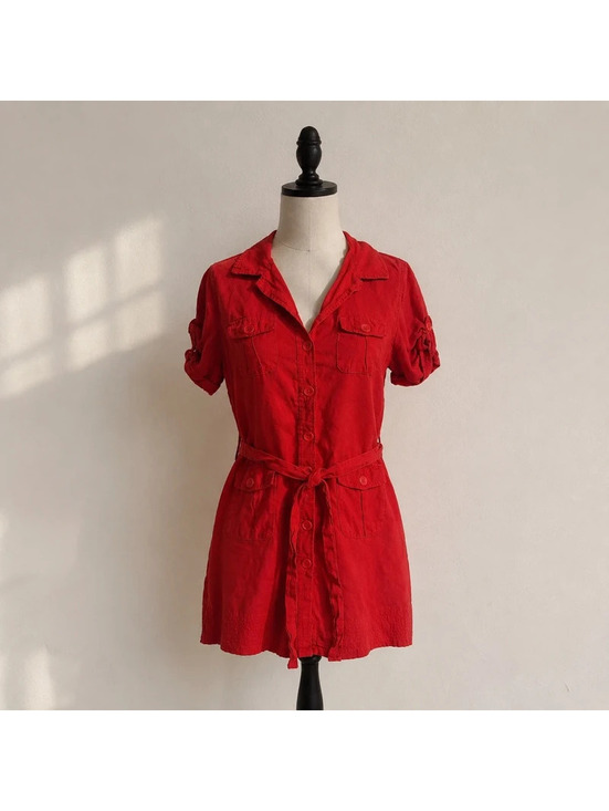 Banana Republic Dresses & Skirts - Banana Republic Red Linen Silk Belted Safari Tunic Shirt Dress Petite 8P